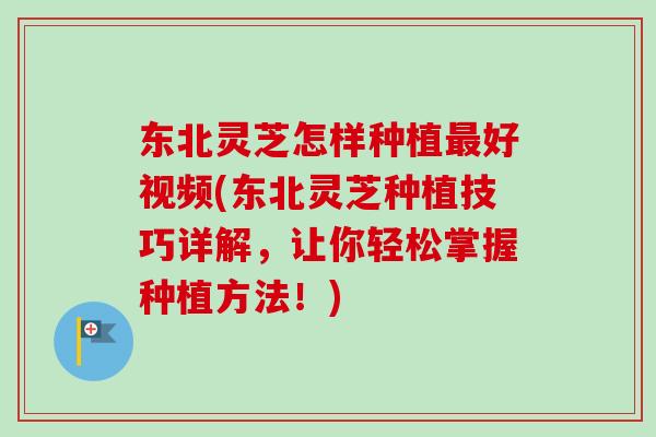 东北灵芝怎样种植好视频(东北灵芝种植技巧详解，让你轻松掌握种植方法！)